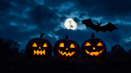 Three spooky jack-o'-lanterns glowing under a full moon on Halloween night