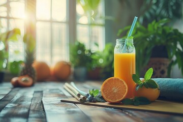Fototapeta premium A refreshing orange juice in a glass, surrounded by fruits and greenery.