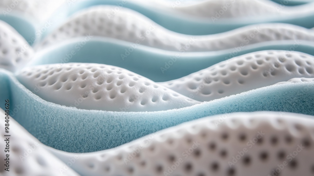 Poster a close-up view of a textured foam material featuring soft waves and perforations, showcasing a blen