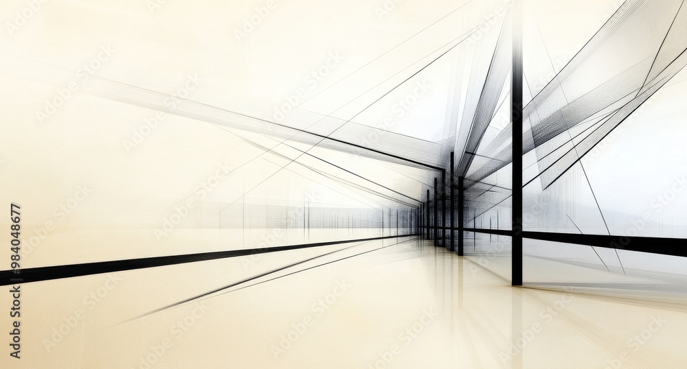 Poster black and white line drawing of an architectural structure with abstract lines
