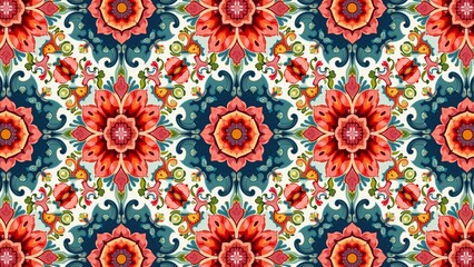 Repeating floral designs with intricate details and vibrant hues