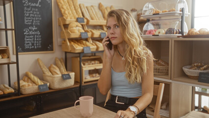 Young, attractive, blonde, woman talking on the phone in a bakery shop surrounded by bread and pastries on display during daytime.