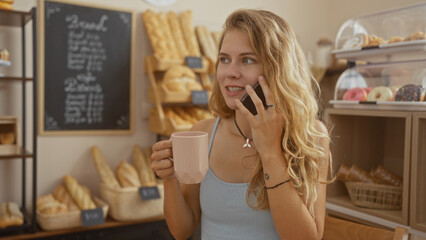 Woman at a bakery talking on the phone and holding a coffee cup, surrounded by various baked goods...
