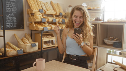 Young woman smiling while using phone in bakery with various bread on display