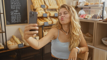 Young woman taking a selfie in a bakery shop while making a kiss face, surrounded by bread and pastries in an indoor setting.