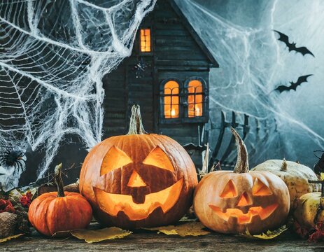 Halloween K&uuml;rbisse vor Geisterhaus mit Spinnweben und Spinne und Flederm&auml;usen