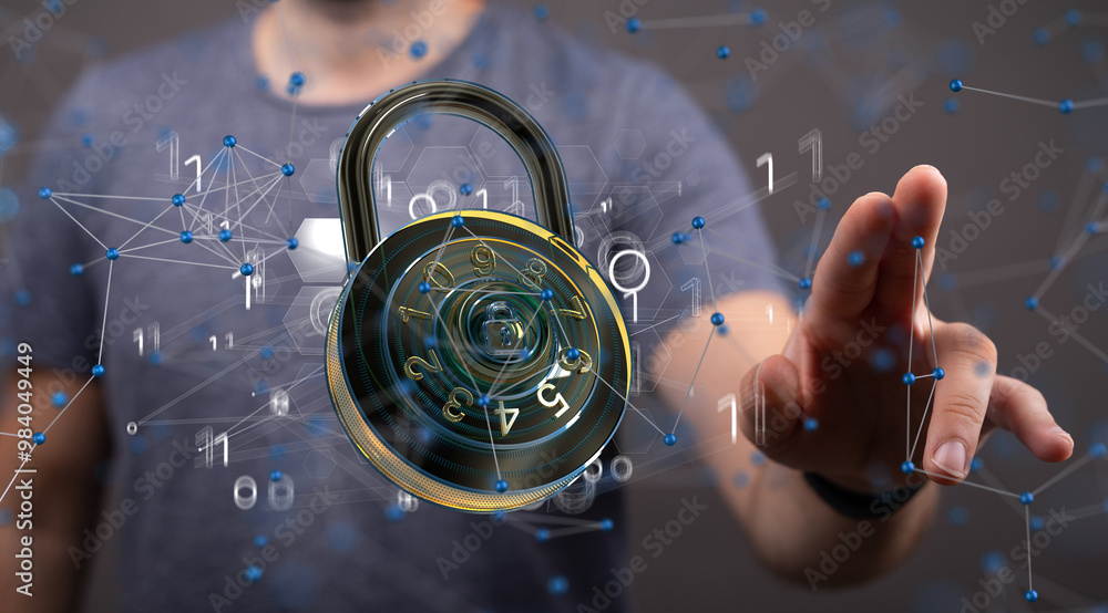 Poster Security Shield concept, data protection. Shield with dots and lines connectio