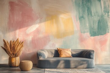 A modern abstract mural featuring large, fluid brushstrokes in soft pastel colors blending on a...