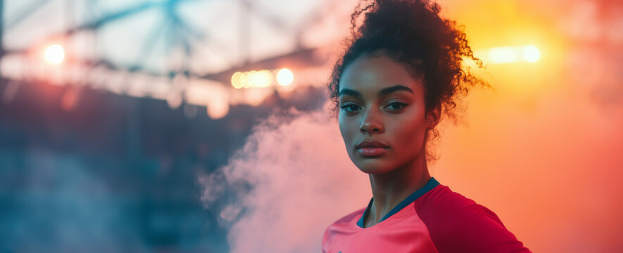 Young professional footballer in a stadium with colored smoke after a competition and victory. Sport background with copy space  