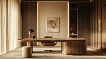 Modern minimalist office interior design featuring warm wood tones and elegant furnishings in a spacious, well-lit environment
