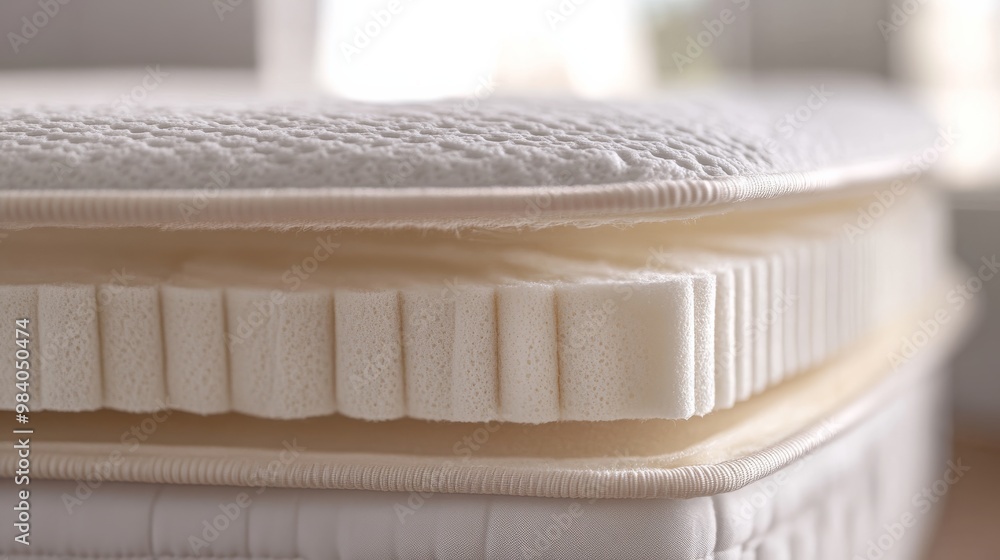 Poster a close-up view of a plush mattress layer, showcasing its texture and design, emphasizing comfort an