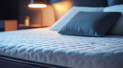 A cozy bedroom scene featuring a plush mattress, soft pillows, and a warm lamp, creating a serene atmosphere for relaxation or sleep.