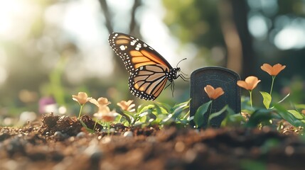 Butterfly Fluttering Over Gravestone,Transformation and Life's Cycle