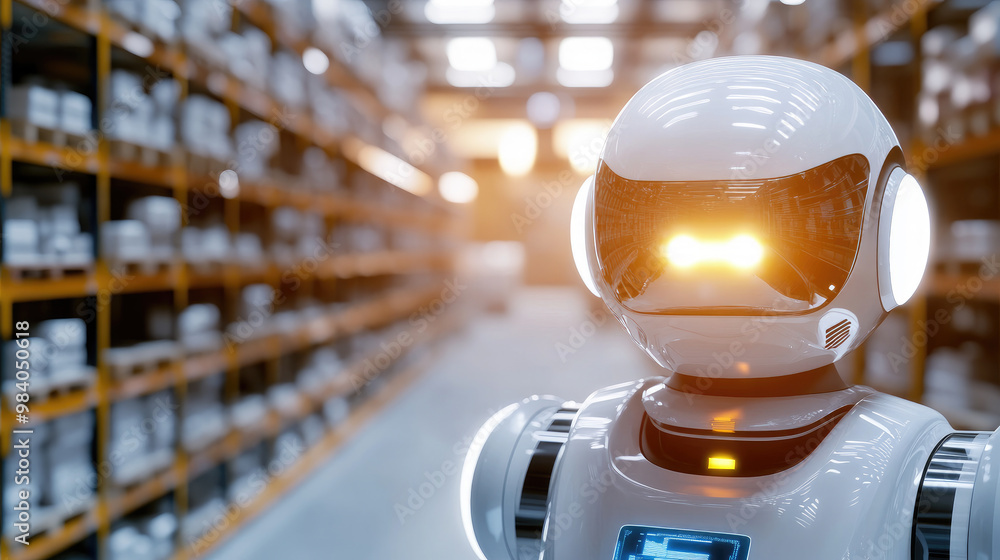 Poster a robot stands in smart warehouse, showcasing advanced technology for managing inventory. its bright