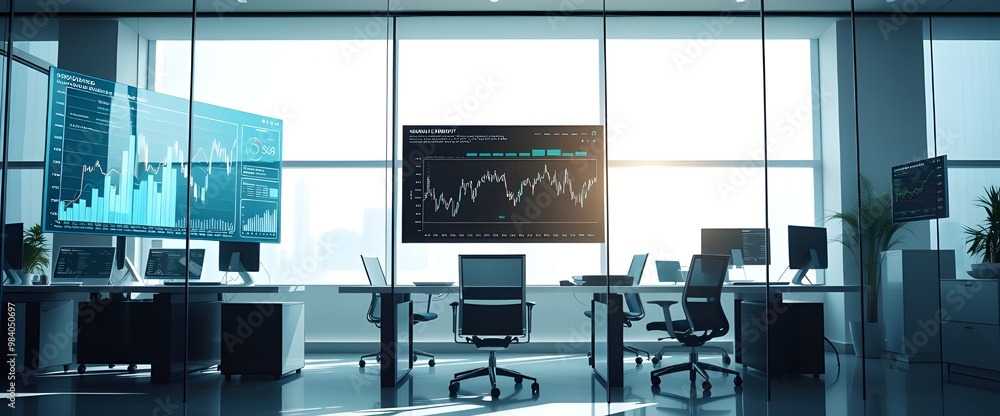 Poster a sleek office setting with transparent digital screens displaying business analytics, graphs, and s