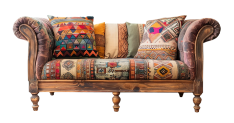 Exquisite couch, sofa upholstered in a vibrant, patterned fabric. Bohemian, boho style. Lounge furnishing on transparent background. Cut out furniture. Front view.