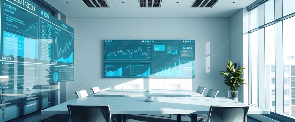 Poster a sleek office setting with transparent digital screens displaying business analytics, graphs, and s