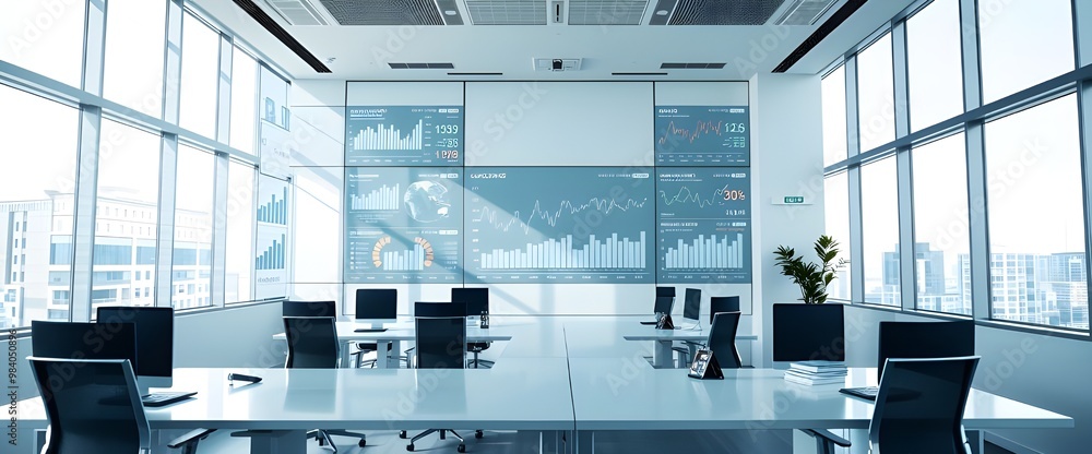 Poster a sleek office setting with transparent digital screens displaying business analytics, graphs, and s