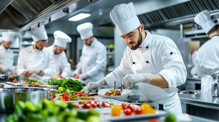 Busy chefs working in a restaurant kitchen, focusing on food hygiene. main objects: chefs, food, kitchen equipment.