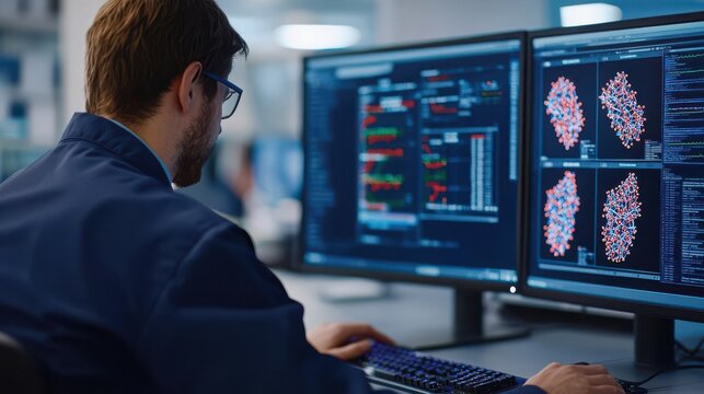 A researcher analyzing data on computer screens in a lab, showcasing advanced technology and scientific processes.