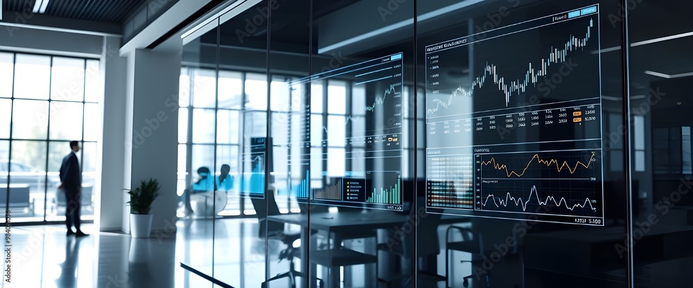 Poster a sleek office setting with transparent digital screens displaying business analytics, graphs, and s