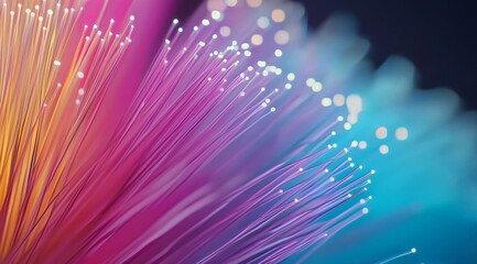 Close up of glowing fiber optic cables against dark background