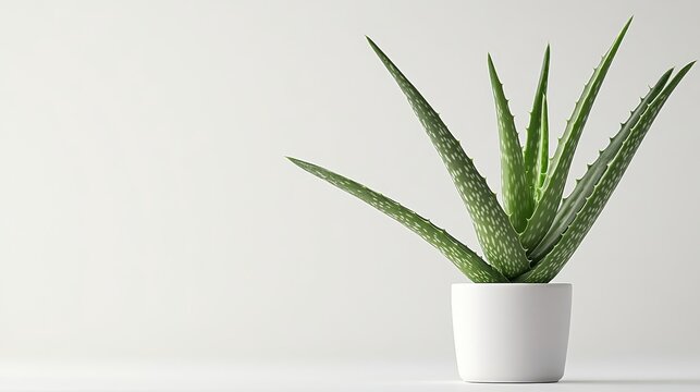 A green aloe vera plant is shown against a plain white backdrop.