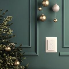A white light switch on the green wall with Christmas decorations. MZ