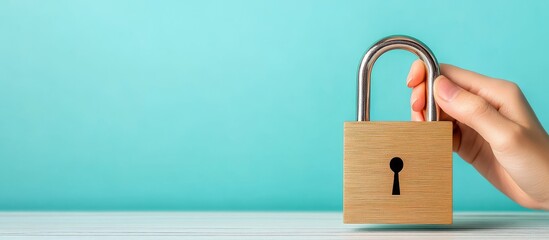 3D hand holding digital padlock on holographic blue background