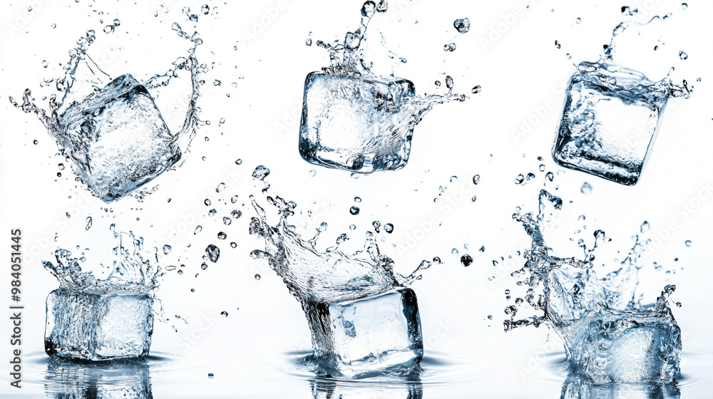 Poster ice cubes splashing into clear water creating dynamic artistic patterns in bright lighting