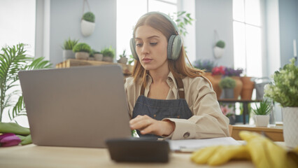 Fototapeta premium A focused young woman using a laptop at a well-lit desk with headphones, showcasing remote work in a modern home environment.