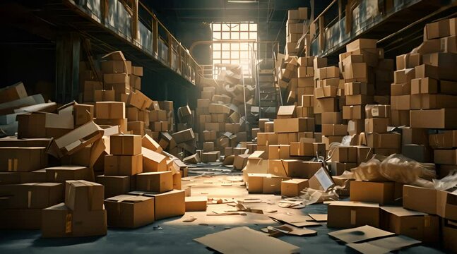 A large warehouse filled with stacked cardboard boxes, some are torn open and scattered across the floor