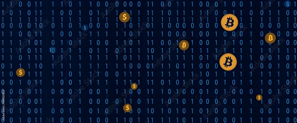 Poster a dark blue background with binary code falling like rain, with various cryptocurrency symbols like 