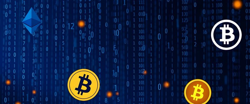 A dark blue background with binary code falling like rain, with various cryptocurrency symbols like Ethereum, Bitcoin, and Litecoin scattered within the matrix.