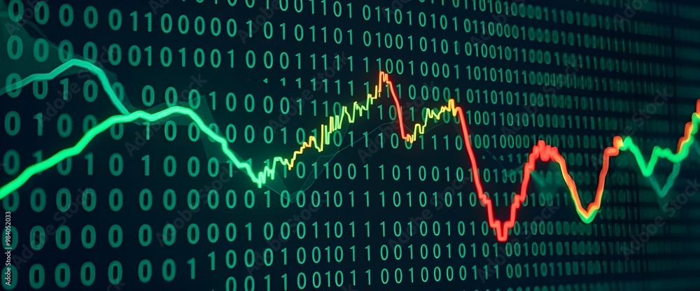 Poster a futuristic stock market graph showing rising and falling trends, overlaid with flowing binary code