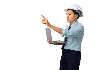 Asian female engineer conducts a construction site inspection, using her  mock up laptop to check structural details and ensure project safety isolated white background.