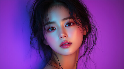 Portrait of a young Korean woman with dreamy expression and vibrant lighting against a colorful background