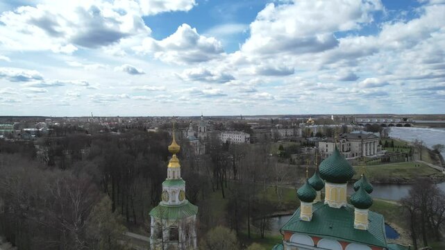 Aerial view Uglich city and Uglich Kremlin, the main attraction of the city. Point of interest High quality 4k footage