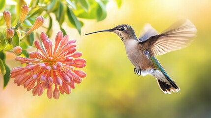 A hummingbird captured mid-flight, its wings a blur of motion, hovering near a vibrant flower with a soft focus background.