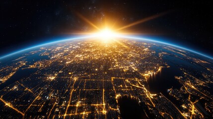A breathtaking view of Earth from space at sunrise, showcasing glowing city lights and the curvature of the planet, with the sun emerging on the horizon.