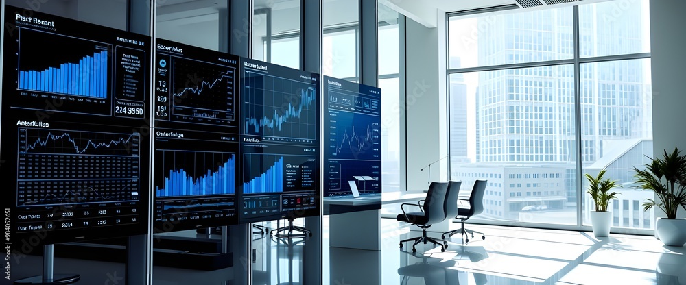 Poster a sleek office setting with transparent digital screens displaying business analytics, graphs, and s