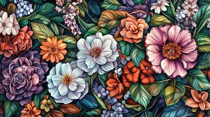 painting of an intricate floral pattern, combining a variety of flowers and leaves in a harmonious arrangement. The vibrant colors and fine line work create a lush, garden-like feel.