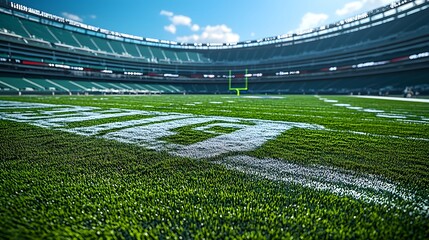 Lush Green Football Field with Goal Posts in Stadium