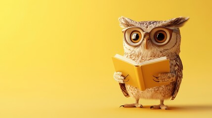 Obraz premium Wise Owl Reading Book with Glasses on Yellow Background