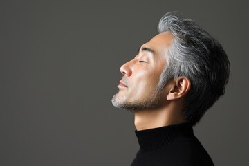 Obraz premium Photo of a mature, handsome Japanese man with gray hair, eyes closed in profile view on a gray background, with side lighting.generated ai