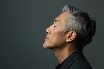 Fototapeta premium Photo of a mature, handsome Japanese man with gray hair, eyes closed in profile view on a gray background, with side lighting.generated ai