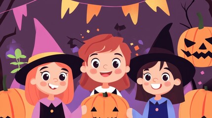 A fun Halloween party scene with a brother and two sisters in playful costumes enjoying treats together.