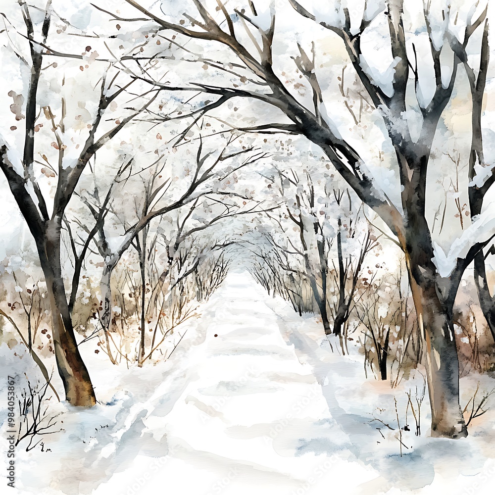 Canvas Prints Watercolor Painting of a Snowy Forest Path.