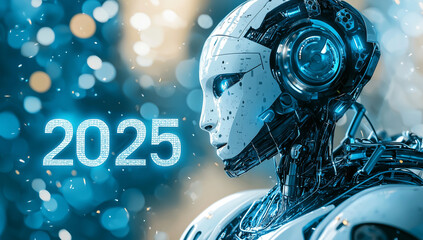 A close-up of a robot with "Year 2025" displayed, symbolizing the rise of AI and robotics. Perfect for illustrating technological advancements and the future of automation.