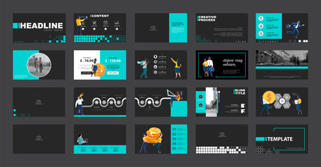 Business presentations, monetary financial circulation, buying gold coins, set, powerpoint. Infographic design template, green, black elements. Team people is creating a business. Vector illustration